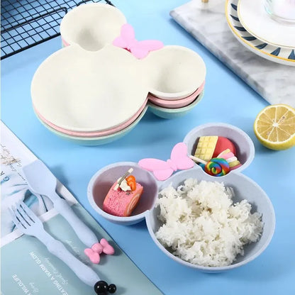 3Pcs/set Cartoon Baby Bowl Tableware Set Wheat Straw Children's Dishes Kids Dinner Feeding Plate Bowknot Food Plate Spoon Fork