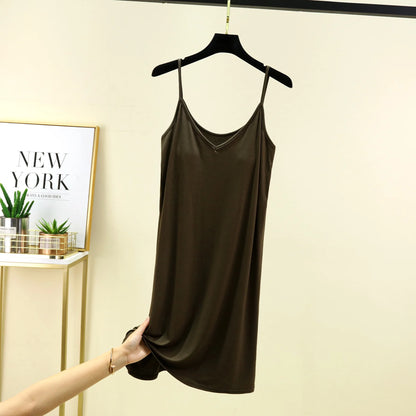 V-Neck Spaghetti Strap Dress Bra Padded Summer women's slipdress Solid color Camisole Homewear dresses Comfortable Sleepdress