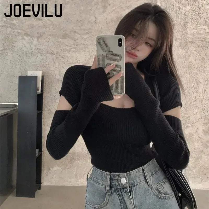 JOEVILU Skinny Pullovers Square Neckline Removable Sleeve Knitting Sweater Korean Fashion Harajuku Jumper Hollow Out Y2k Tops