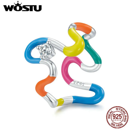 WOSTU Solid 925 Sterling Silver Rainbow Wave Rings For Women Candy-colored irregular Twist Ring Party Jewelry Bithday Gift