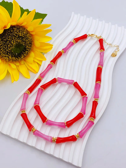 Colorful Handmade Elastic Bracelet and Necklace Set with Bamboo Acrylic Beads, Perfect for Women's Daily Wear jewelry for women