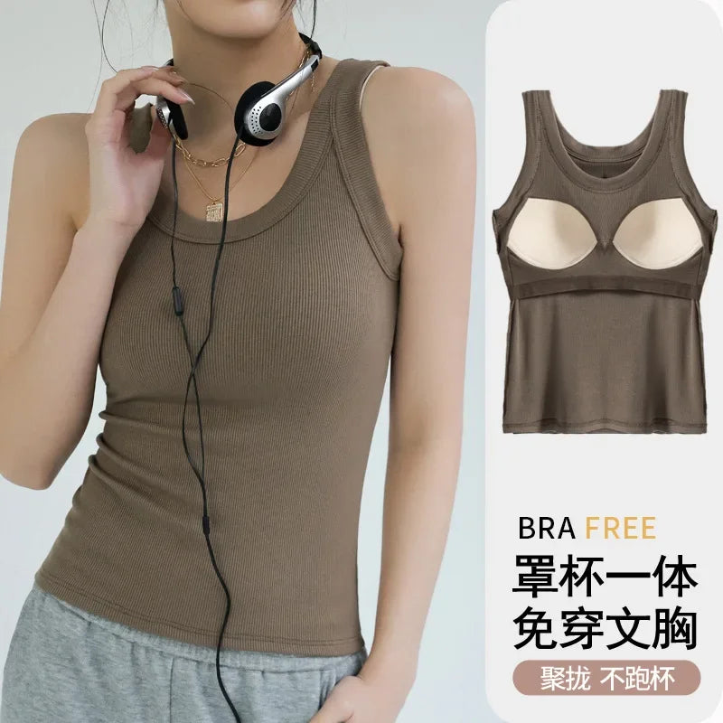 2024 New Women Solid Round Neck Ribbed Tank Top Camisole Women Summer Basic Elastic TankTop One-piece Vest with Chest Pad Y2k