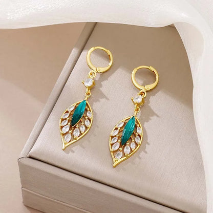 2024 New Fashion Green Crystal Leaf Pendant Earrings for Women Exquisite Cubic Zircon Tassel Earrings Wedding Jewelry Gifts