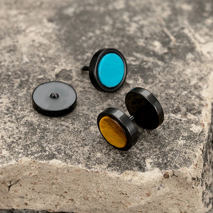 Trend Stainless Steel Ear Stud Men Turquoise Tiger Eye Blue Sand Stone Dumbbell Shape Earrings For Ｍale Hip Hop Rock Ear Jewelry