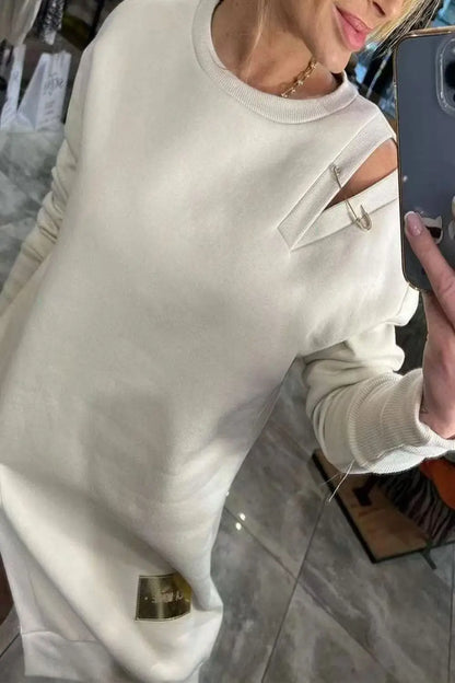 Fashion Off Shouder Metal Buckle Sweatshirt Dress Women New Solid Long Sleeve Hem Split Mini Dresses 2024 Autumn Trendy Dress